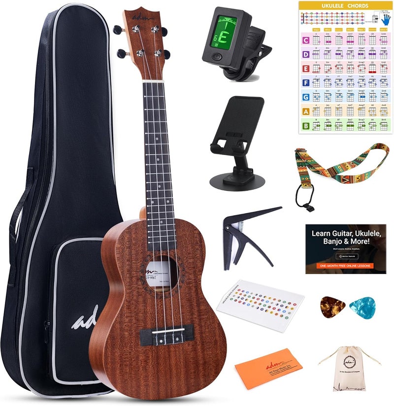ADM Concert Ukulele Beginner Kit Mahogany Hawaiian Wood Ukelele Bundle Ukalalee Set with Uke Free Starter Lessons for Beginners Students and Adults, Yellow Brown (Khaki, 23 inch) - Image 1